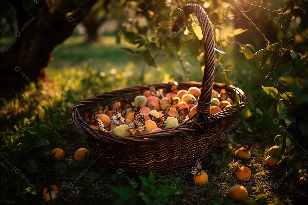 Pêssegos maduros sob o sol, natureza exuberante.