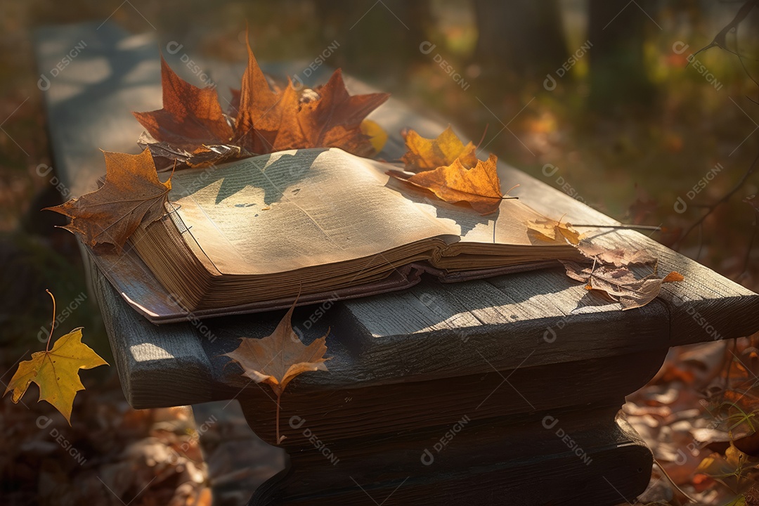 Livro antigo no parque ensolarado cercado por folhas de outono.