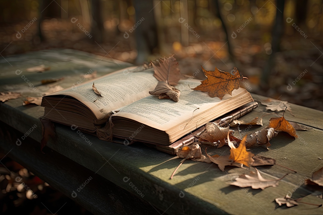 Livro antigo no parque ensolarado cercado por folhas de outono.