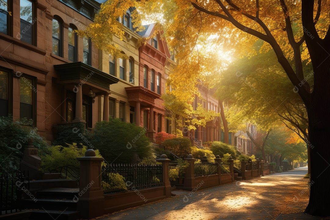 Adorável bairro residencial com parque e famílias felizes.
