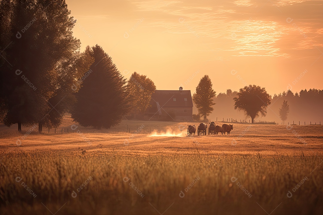 Agricultor solitário arando o campo de trigo ao entardecer.