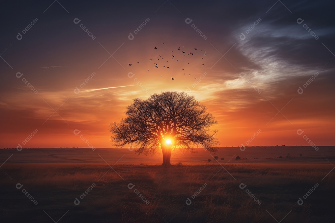 Sol radiante em campo aberto, árvore solitária e pássaros voando.