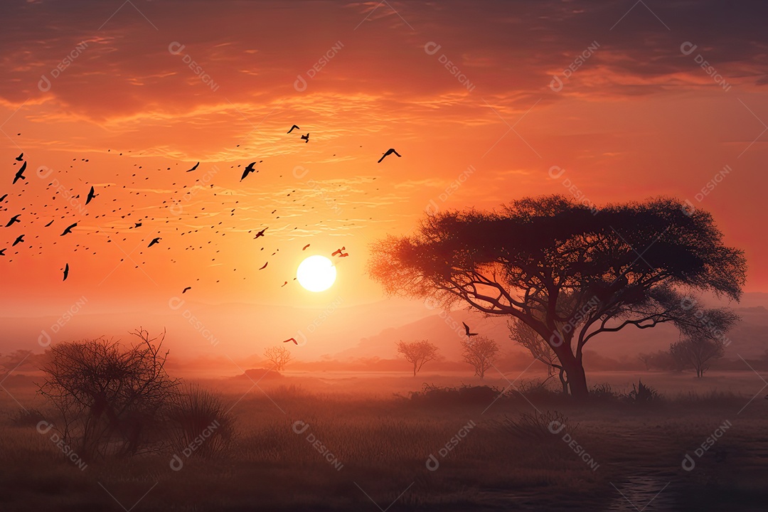 Sol radiante em campo aberto, árvore solitária e pássaros voando.