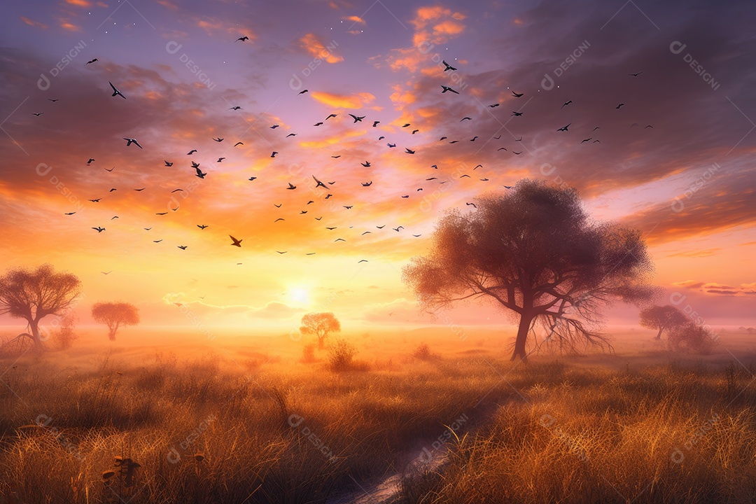 Sol radiante em campo aberto, árvore solitária e pássaros voando.