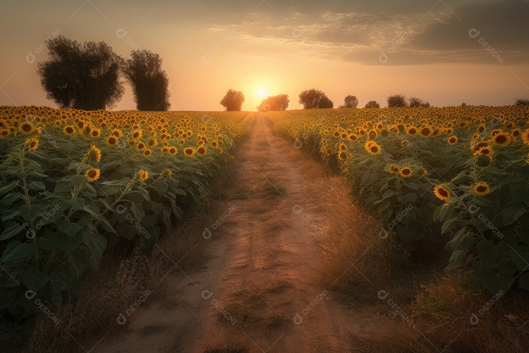 Plantação de girassóis ao pôr do sol, abelhas a recolocar o néctar.