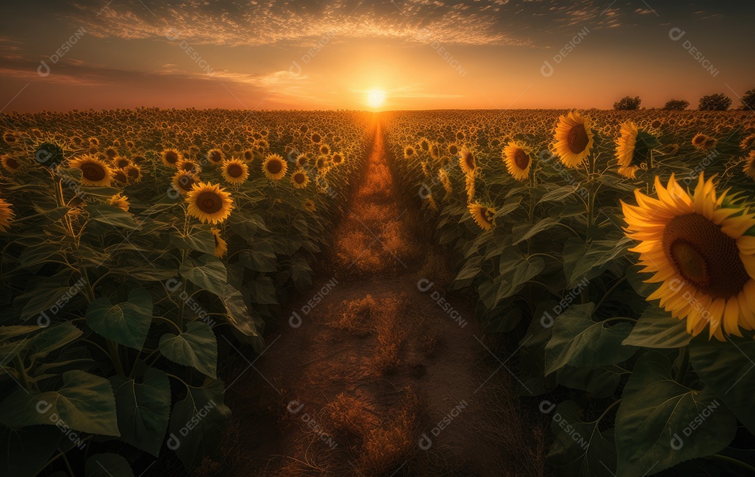 Plantação de girassóis ao pôr do sol, abelhas a recolocar o néctar.