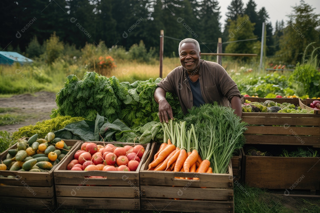 Agricultor sorridente com cestas de legumes frescos.