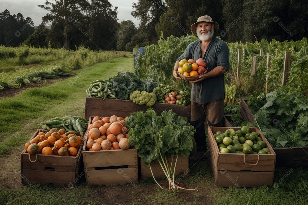 Agricultor sorridente com cestas de legumes frescos.