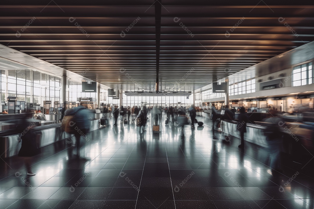 Ocupado saguão do aeroporto, passageiros esperando por voos.