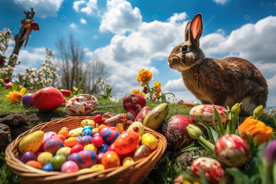 Páscoa Colorida: Coelhinhos pulando entre ovos e flores.