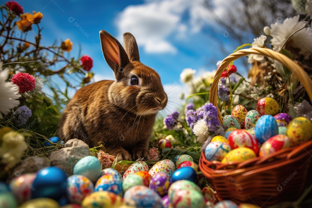 Páscoa Colorida: Coelhinhos pulando entre ovos e flores.