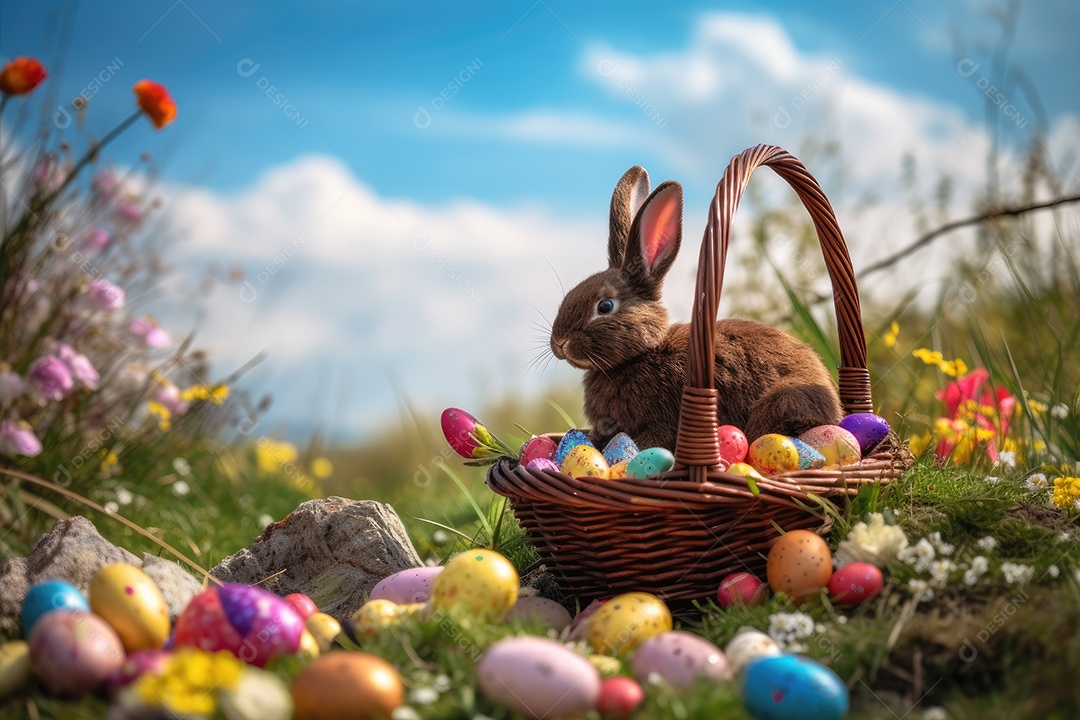 Páscoa Colorida: Coelhinhos pulando entre ovos e flores.
