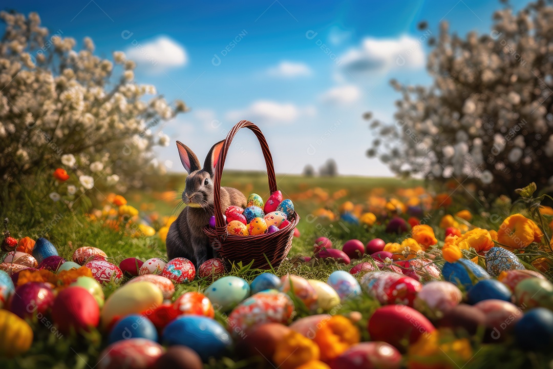 Páscoa Colorida: Coelhinhos pulando entre ovos e flores.