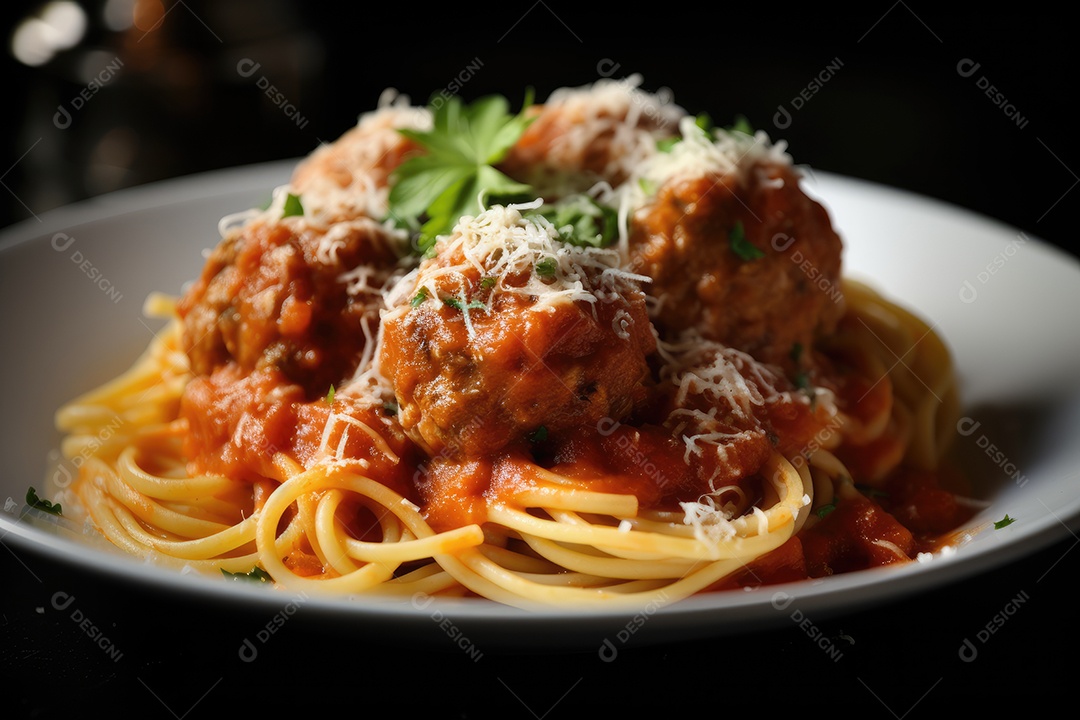 Delicioso prato de massa italiana com almôndegas.