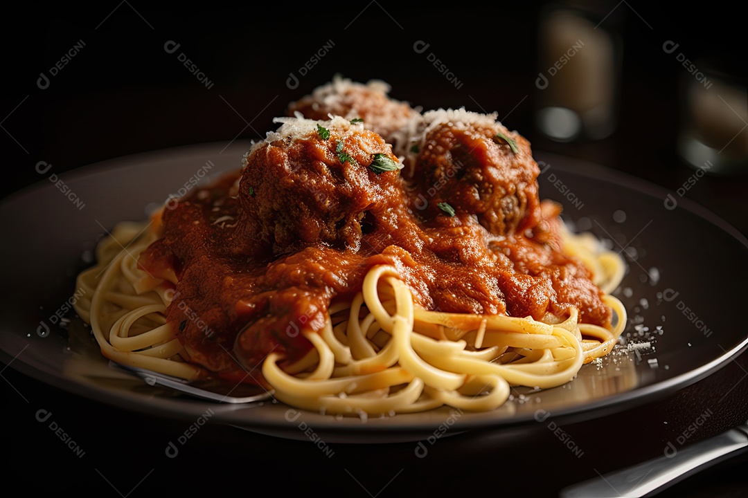 Delicioso prato de massa italiana com almôndegas.