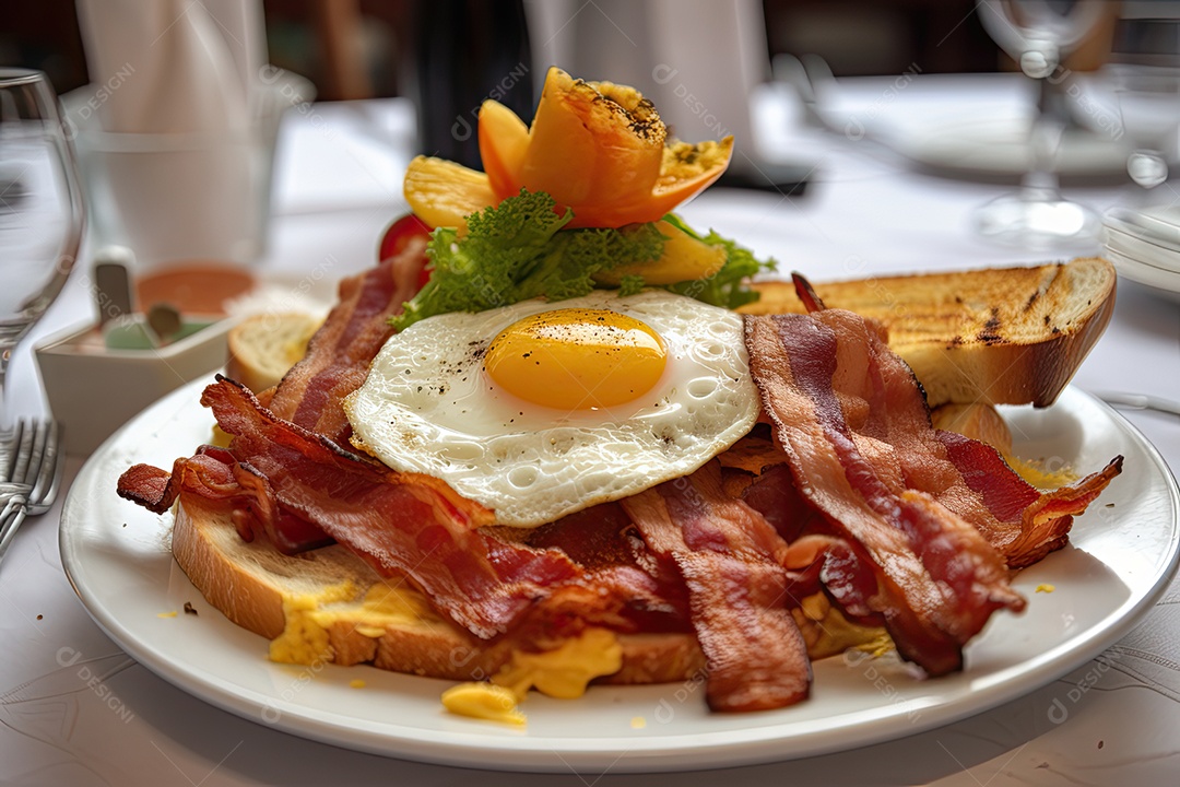 Delicioso bacon dourado rodeado por apetitosos acompanhamentos.