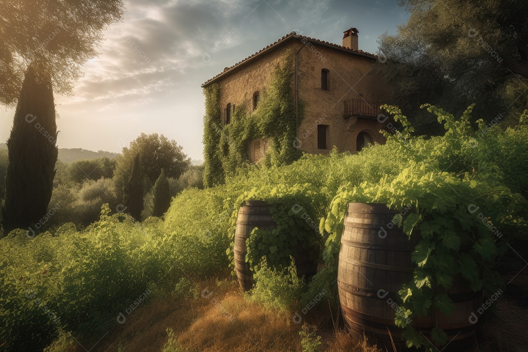 Uma cena encantadora: vinhedos toscanos com uvas maduras.