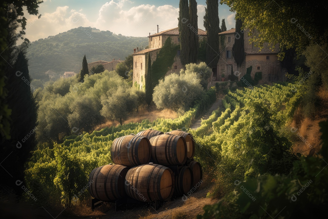 Uma cena encantadora: vinhedos toscanos com uvas maduras.