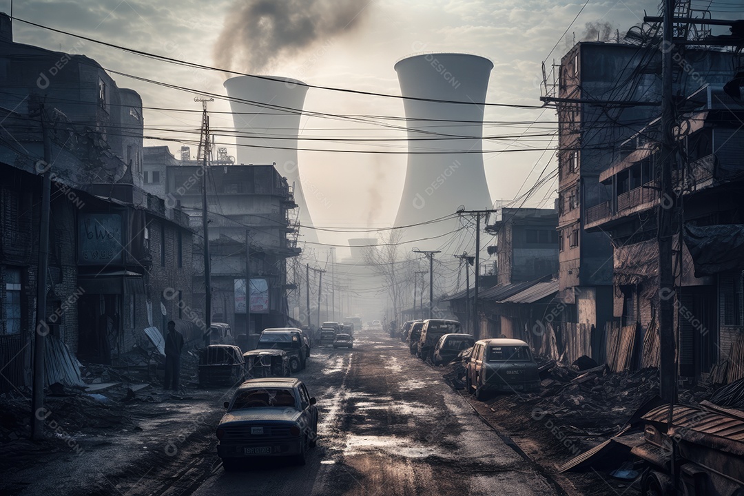 Bairro industrial movimentado, fábricas, chaminés, movimento intenso.