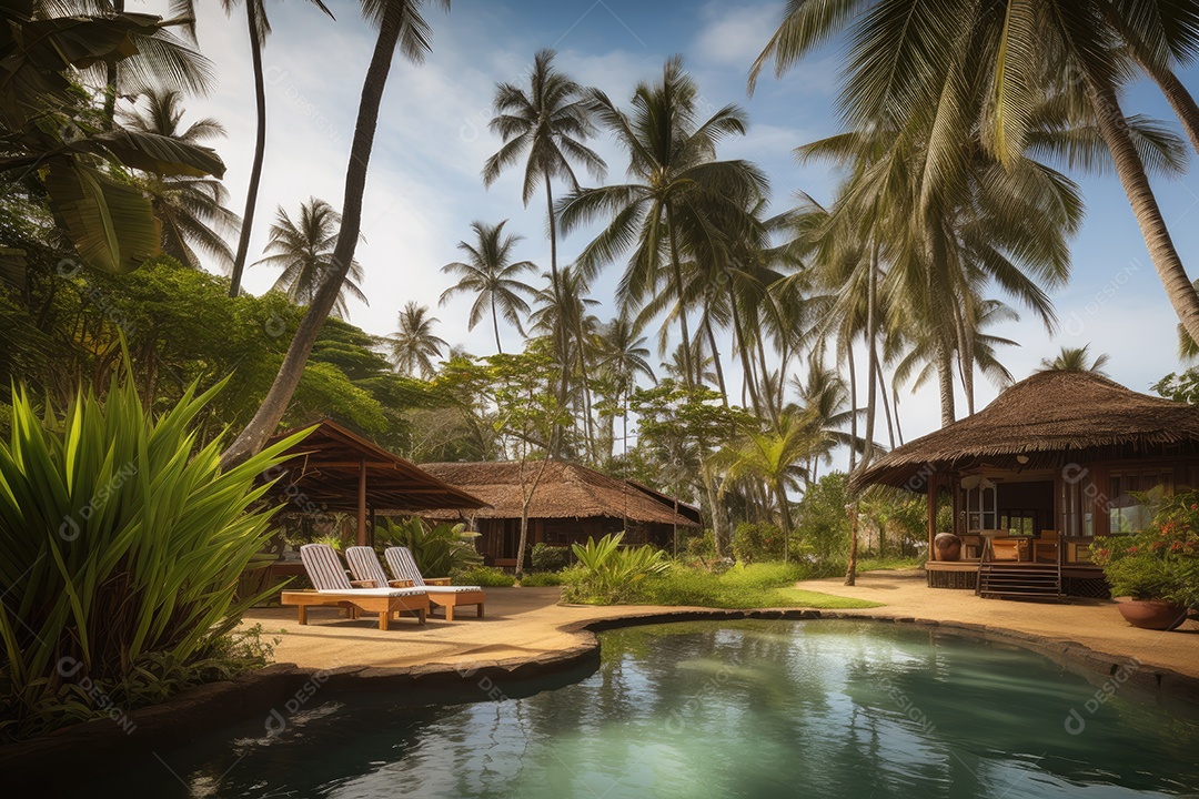 Paraíso à beira-mar: pousada, piscina, bangalô e flores vibrantes.