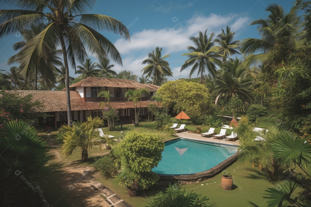 Paraíso à beira-mar: pousada, piscina, bangalô e flores vibrantes.