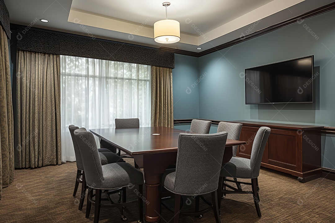 Sala de reuniões com mesa de mogno e equipamentos modernos.