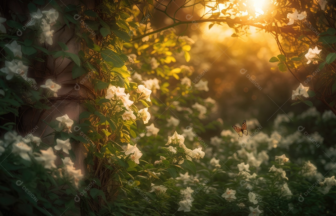 Jardim mágico: Jasmim branco e borboletas dançantes.