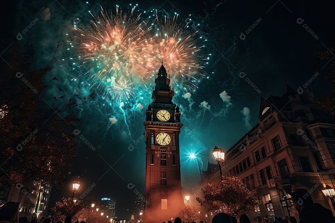 Ano Novo: Explosão colorida de fogos de artifício na cidade festiva.