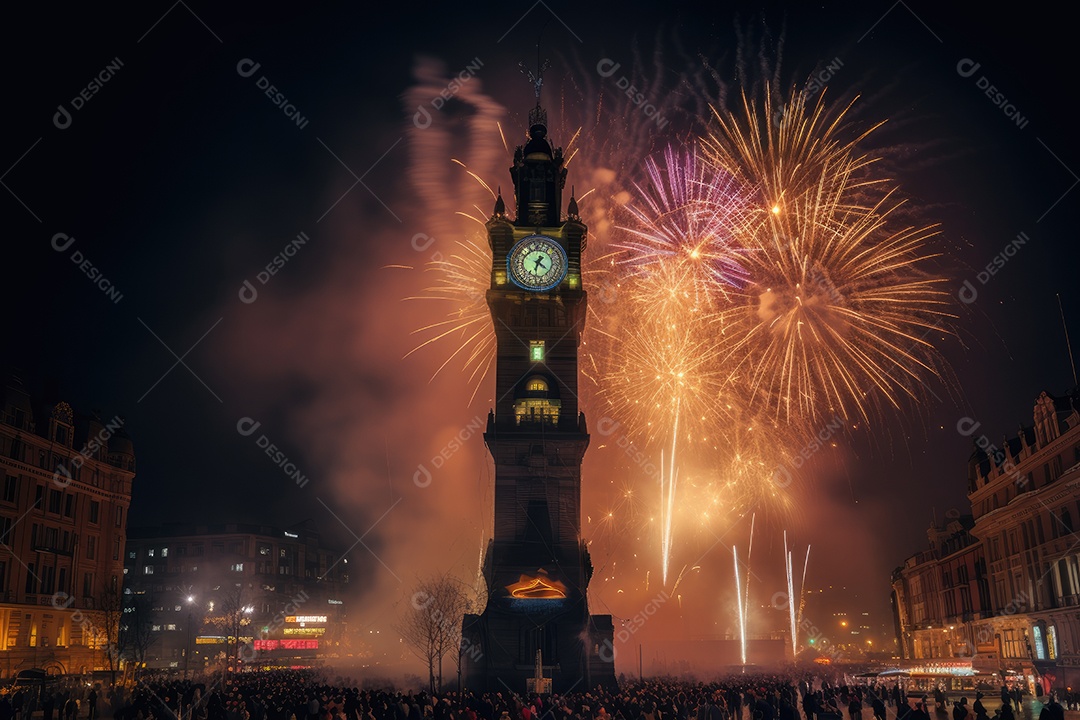 Ano Novo: Explosão colorida de fogos de artifício na cidade festiva.