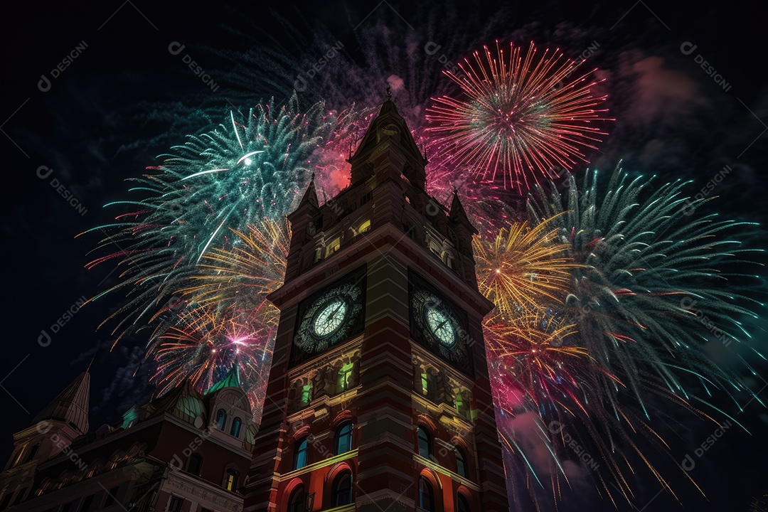 Ano Novo: Explosão colorida de fogos de artifício na cidade festiva.