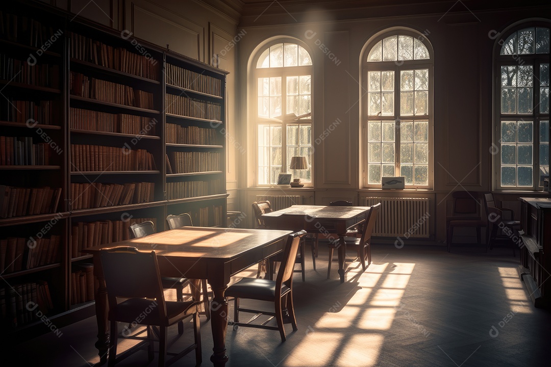 Biblioteca tranquila cheia de livros empoeirados.