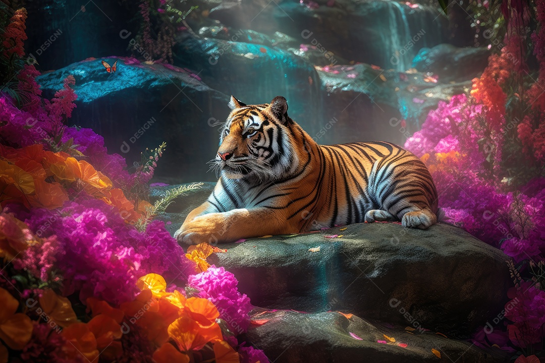 O tigre fofo repousa sob o arco-íris de flores, cercado pela beleza.