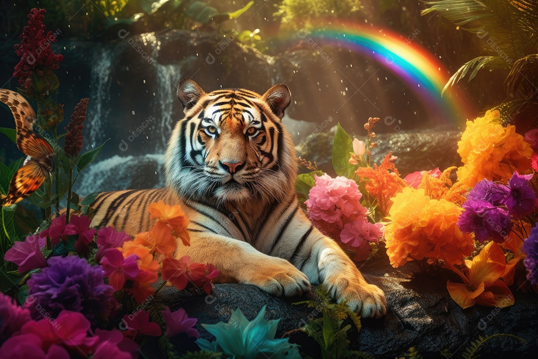 O tigre fofo repousa sob o arco-íris de flores, cercado pela beleza.b (3)