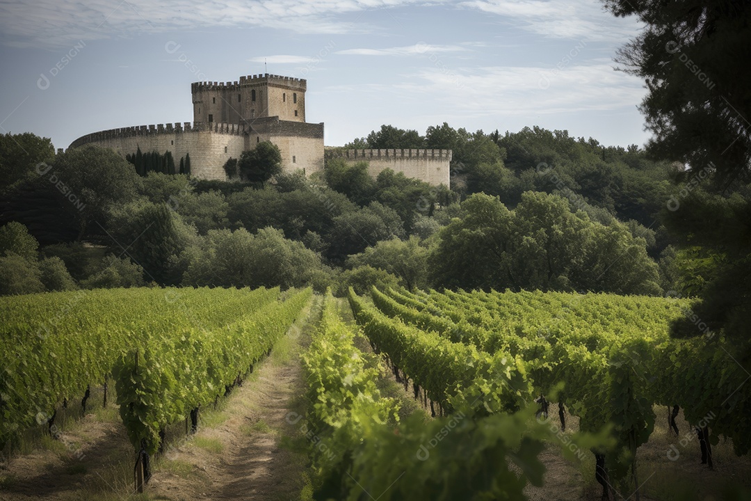 Adorável vinhedo com castelo ao fundo e barris de carvalho.