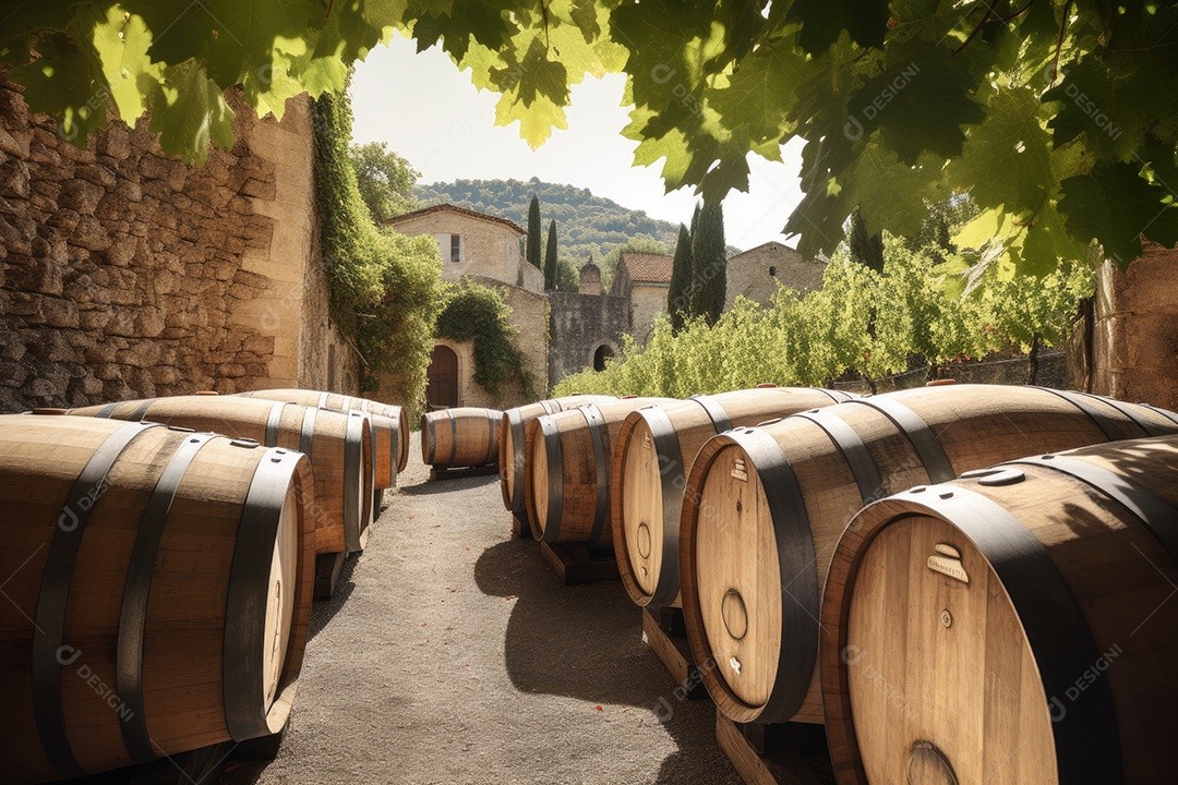 Adorável vinhedo com castelo ao fundo e barris de carvalho.