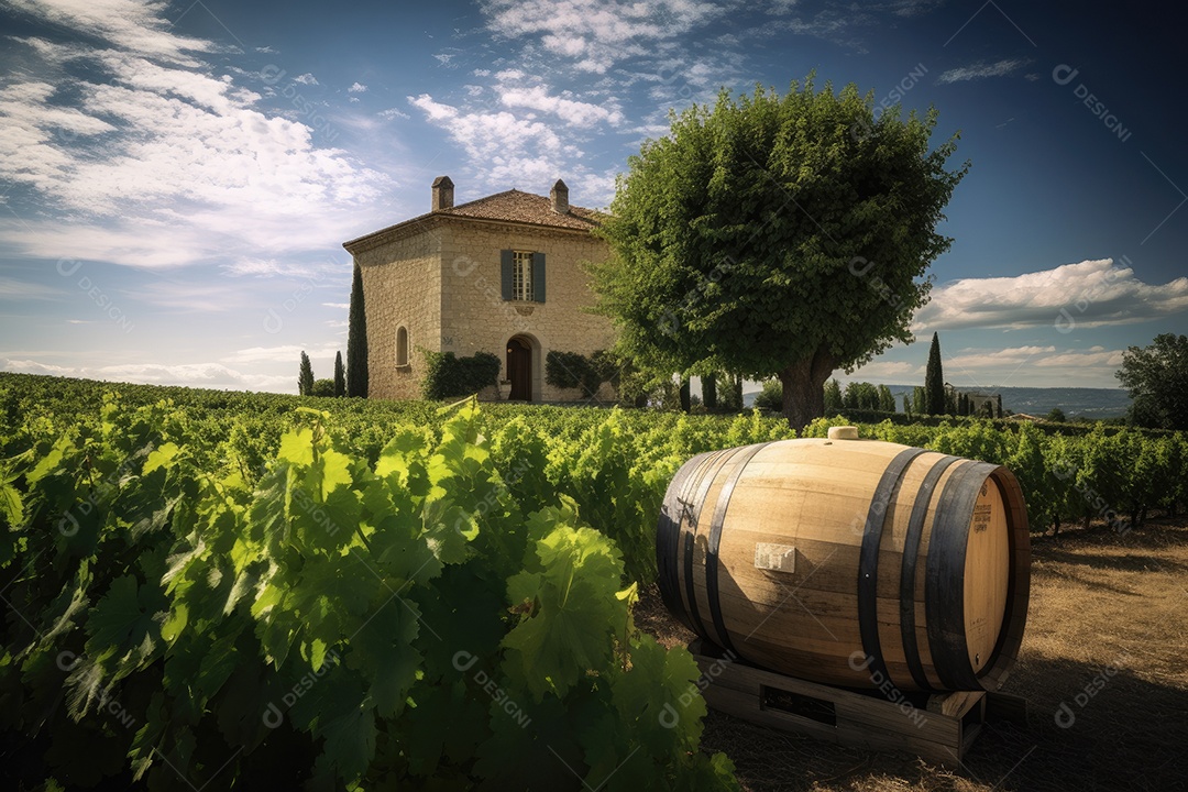 Adorável vinhedo com castelo ao fundo e barris de carvalho.