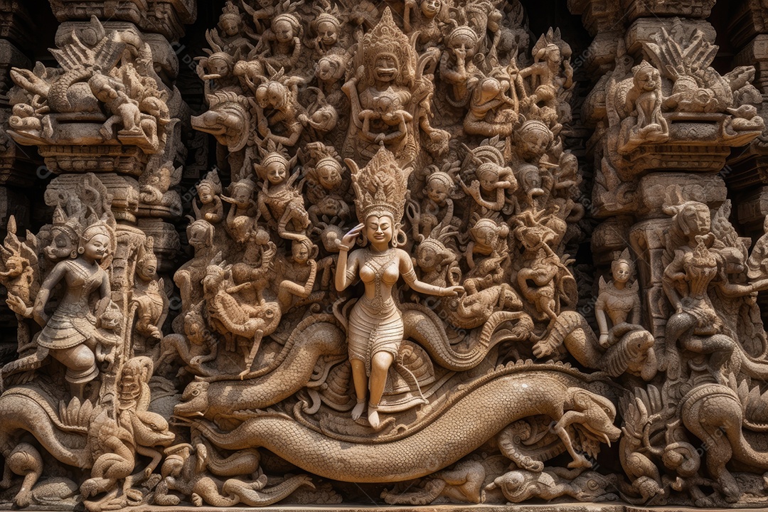 Rainha Naga cercada por guardiões no reino subterrâneo. Surgem serpentes místicas. Majestoso e enigmático.