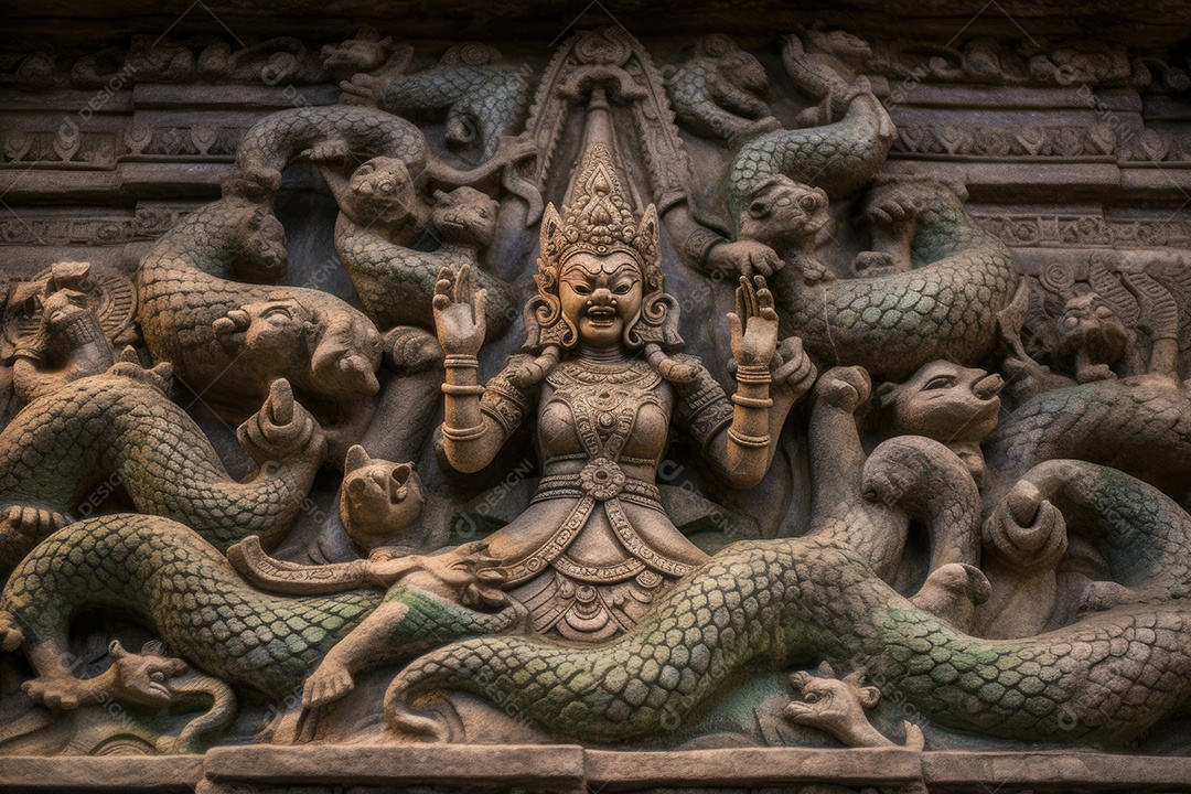 Rainha Naga cercada por guardiões no reino subterrâneo. Surgem serpentes místicas. Majestoso e enigmático.