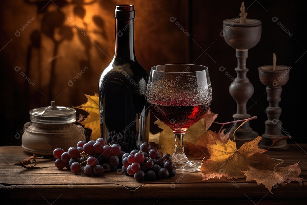Vinho tinto, mesa de carvalho, uvas e garrafa elegante.