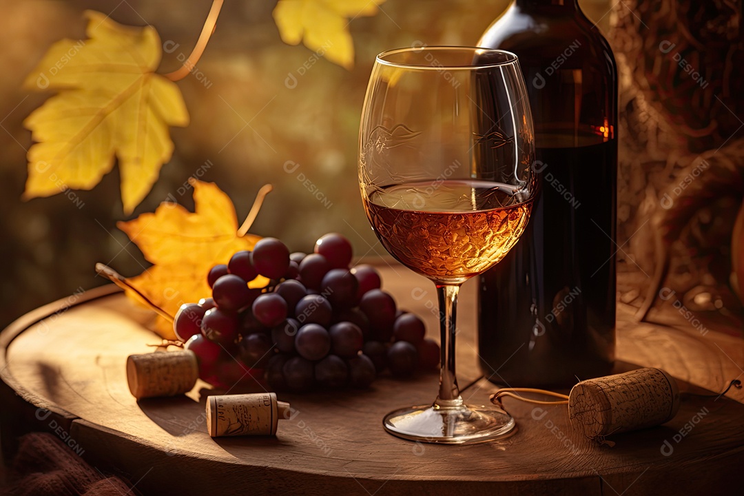 Vinho tinto, mesa de carvalho, uvas e garrafa elegante.