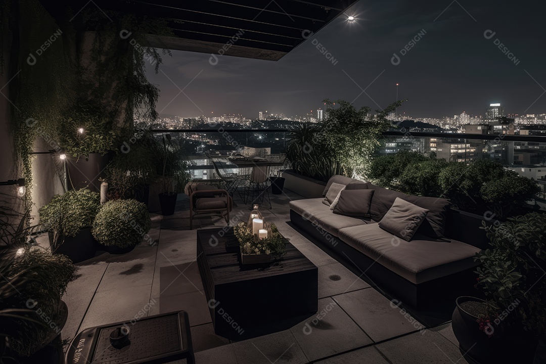 Terraço moderno com mobiliário minimalista e vistas urbanas.