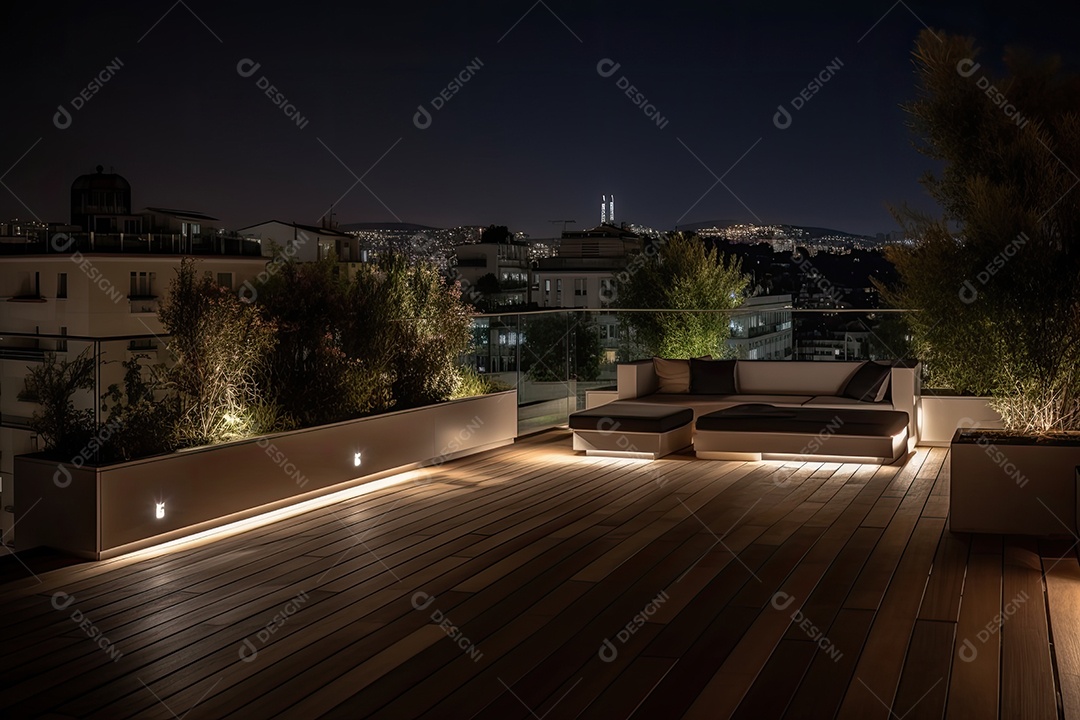 Terraço moderno com mobiliário minimalista e vistas urbanas.