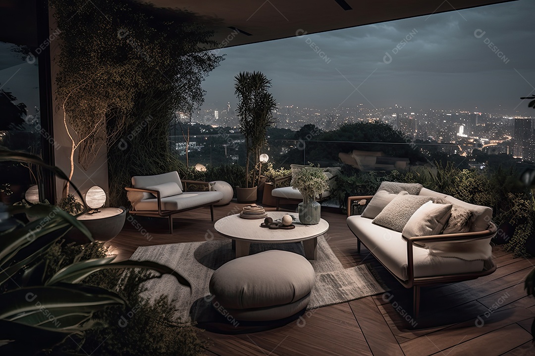 Terraço moderno com mobiliário minimalista e vistas urbanas.