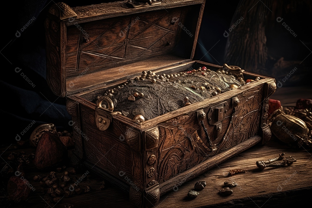 Tesouro encantado descoberto em baú antigo: joias raras e mapa enigmático.