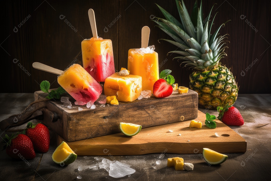 Picolé tropical fresco e suculento.