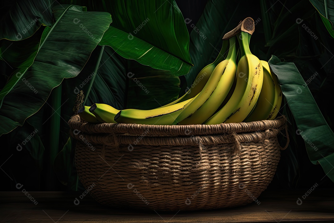Banana madura na cesta cercada por folhas