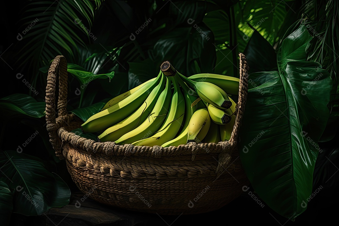 Banana madura na cesta cercada por folhas