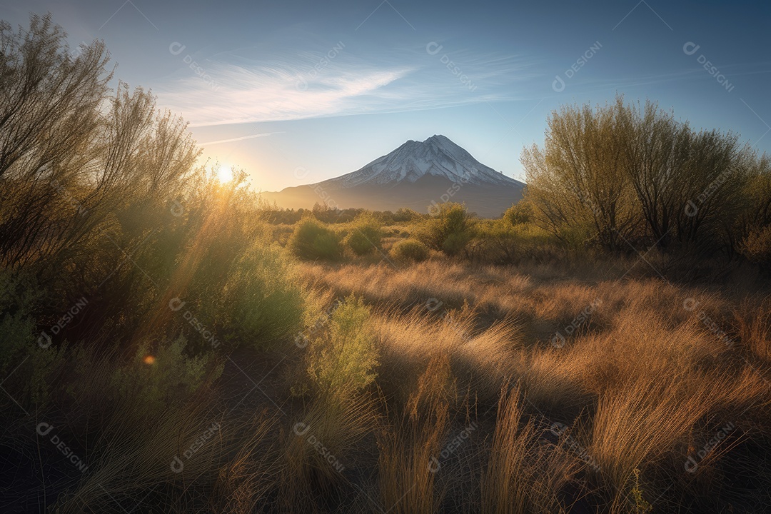 Majestoso pico de montanha numa paisagem verdejante.