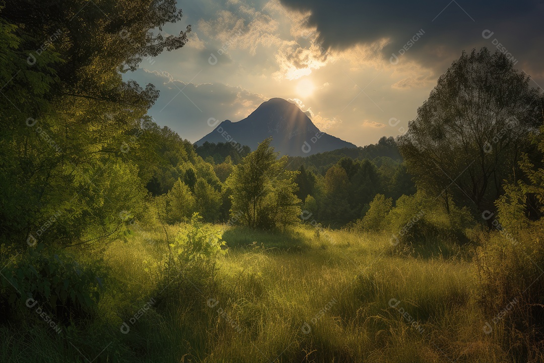 Majestoso pico de montanha numa paisagem verdejante.