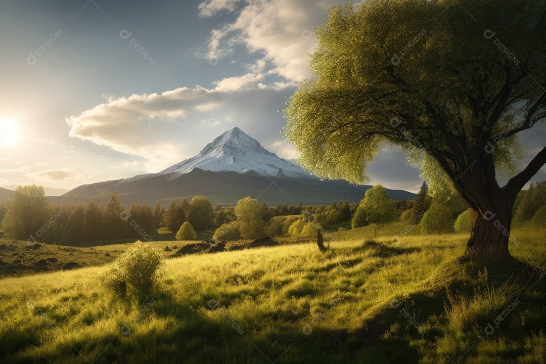 Majestoso pico de montanha numa paisagem verdejante.
